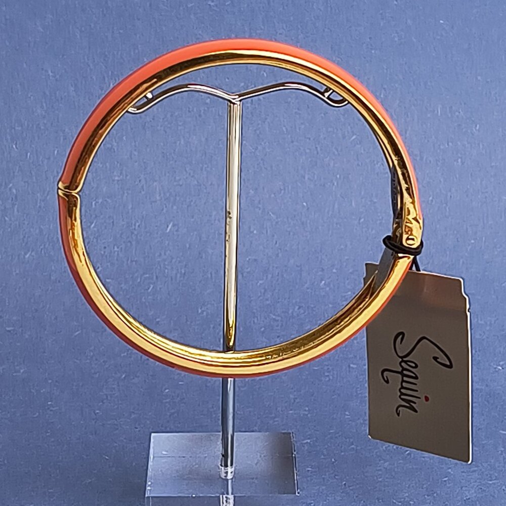 Terracotta Orange Oval Enamel Hinge Bangle Clamper Bracelet Gold Tone
